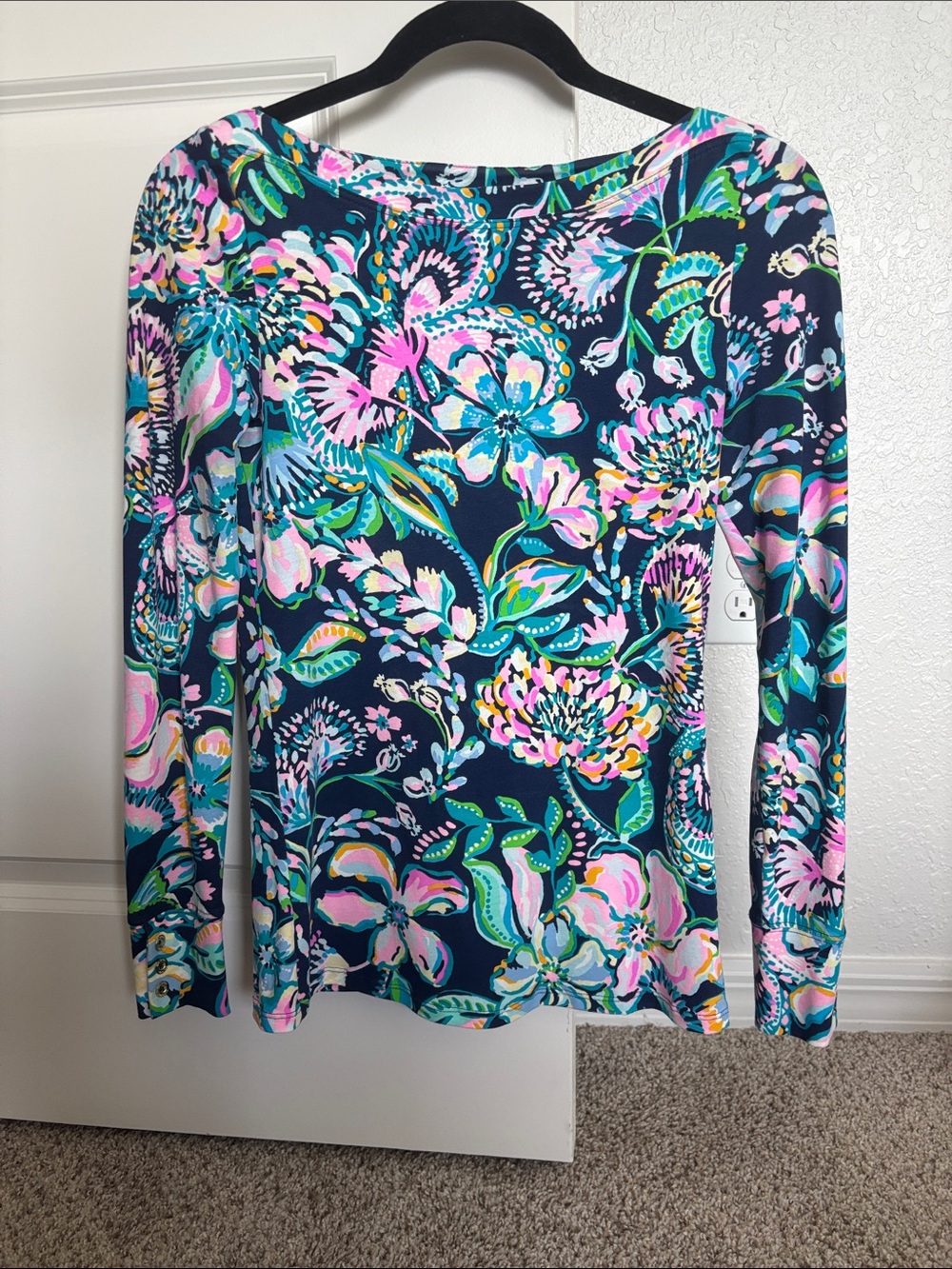 Lilly Pulitzer Navy Floral Boatneck Long-Sleeve Top